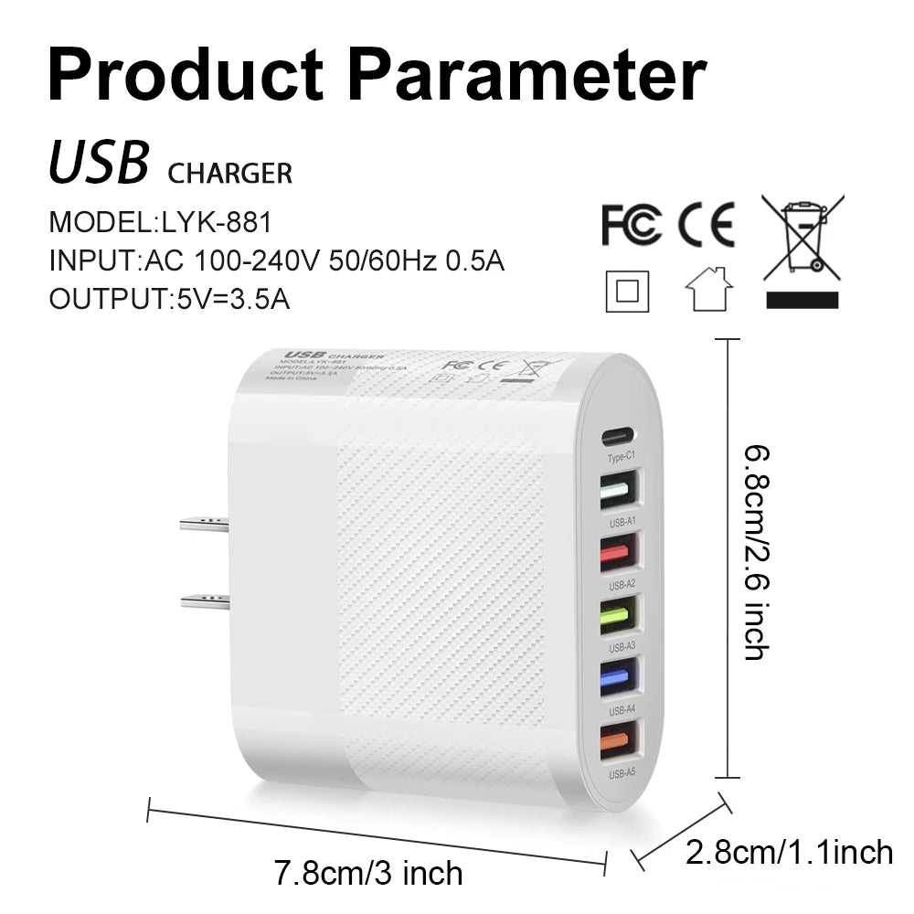 6 Ports USB Type C Charger Fast Charging Adapter