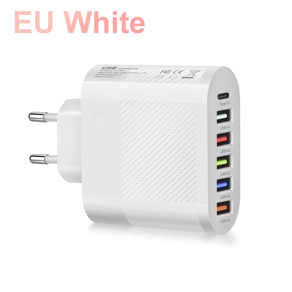 6 Ports USB Type C Charger Fast Charging Adapter